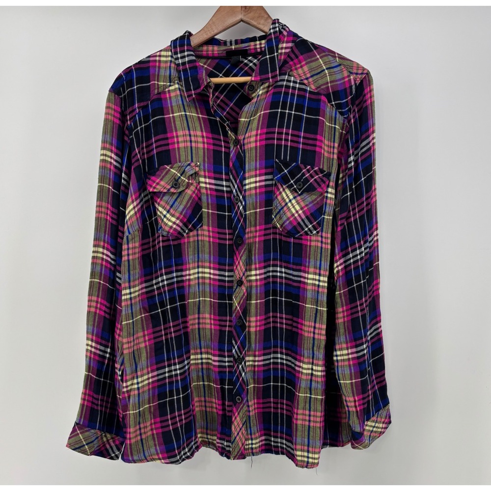 Torrid Button Down Shirt Women's 2 Multi Plaid Long Sleeve 100% Rayon